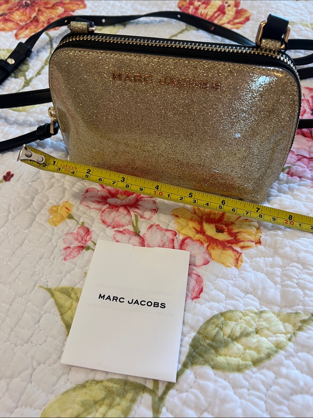 Marc Jacobs Gold Glitter Crossbody Bag with Black Strap